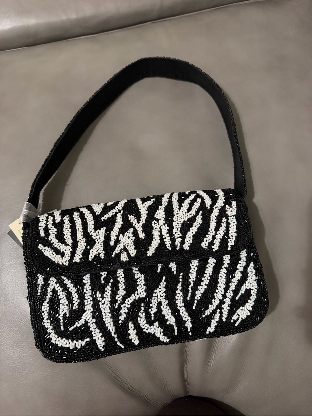 Black & White Beaded Zebra-Print Shoulder Bag